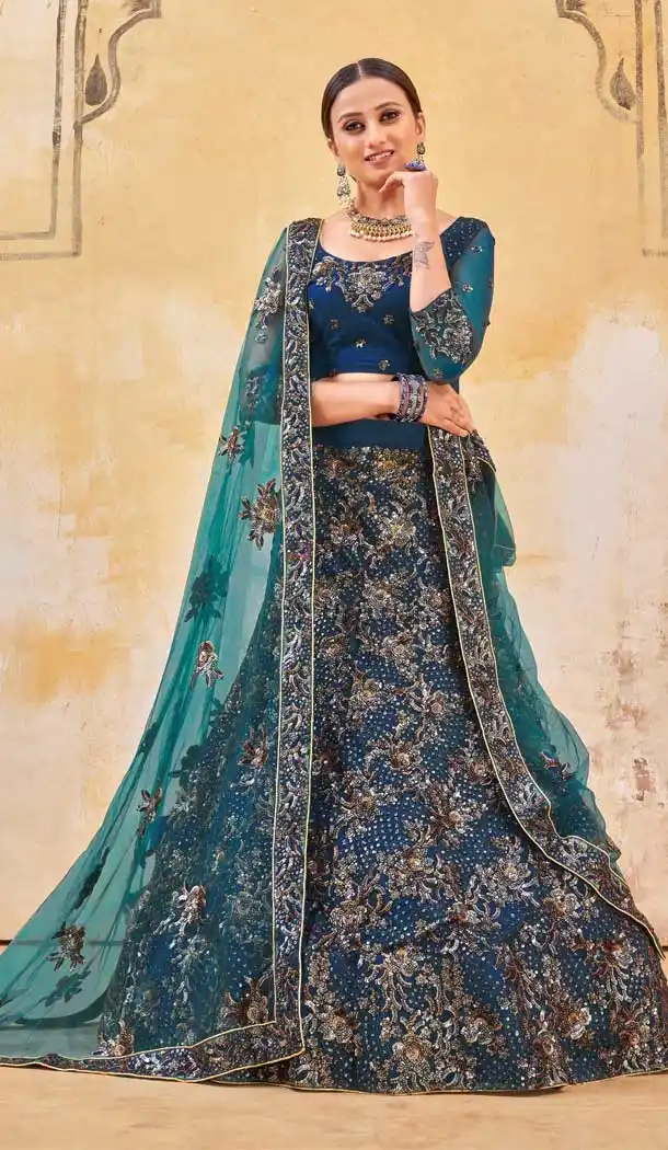 Navy Blue Color Bridal Net Designer Wedding Wear Bridal Lehenga Choli -2940143308