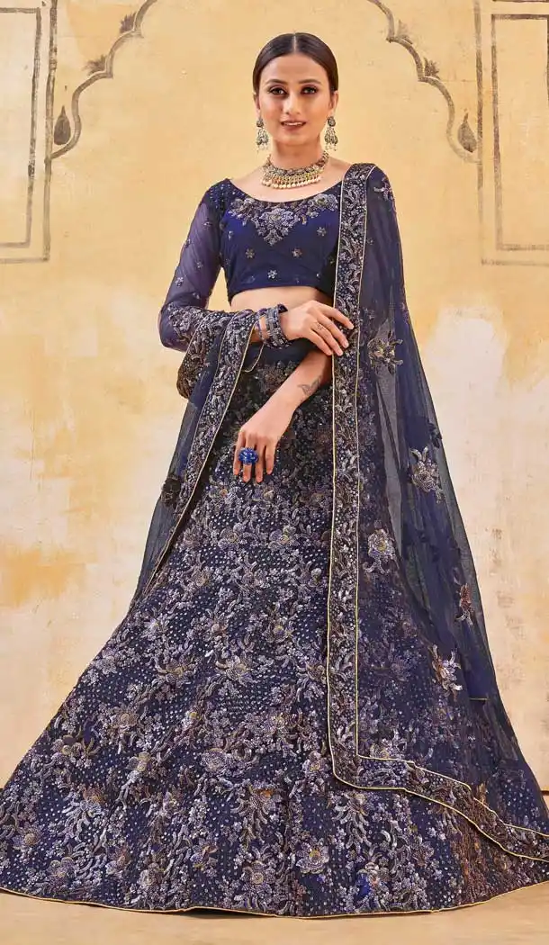 Dark Blue Color Bridal Net Designer Wedding Wear Bridal Lehenga Choli -2940143309