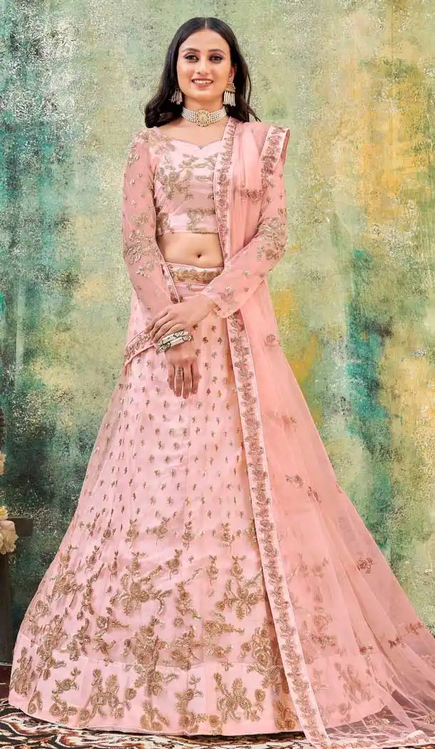 Peach Color Bridal Net Designer Wedding Wear Bridal Lehenga Choli -2940143311