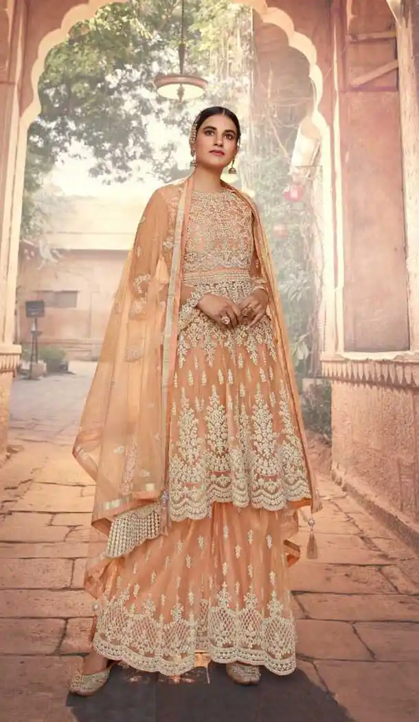 Orange Color Soft Net Embroidery Pakistani Style Palazzo Suit -2955143384