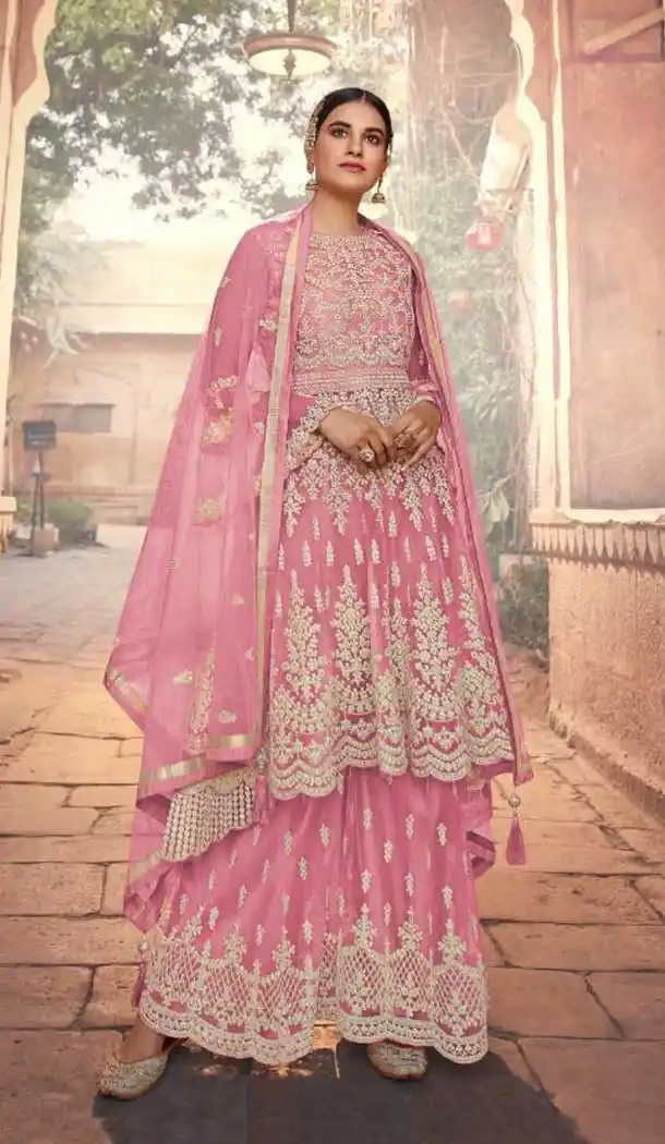 Lovely Pink Color Soft Net Embroidery Pakistani Style Palazzo Suit -2955143386