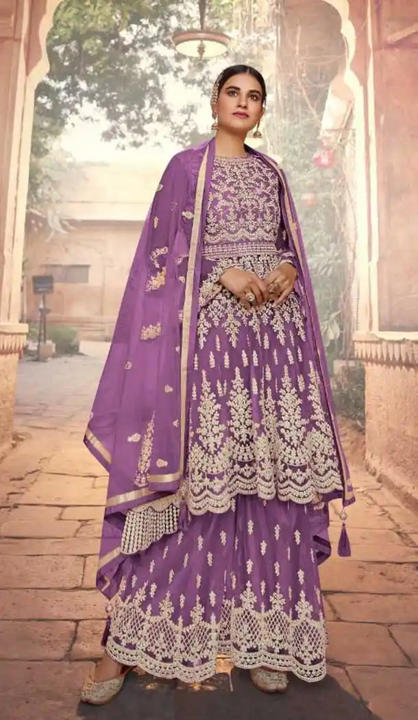 Desirable Purple Color Soft Net Embroidery Pakistani Style Palazzo Suit -2955143387