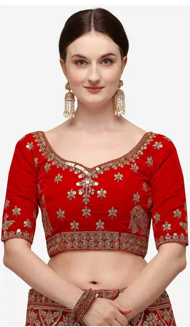 Adorable Red Color Velvet Designer Wedding Wear Women Lehenga Choli -2973143495