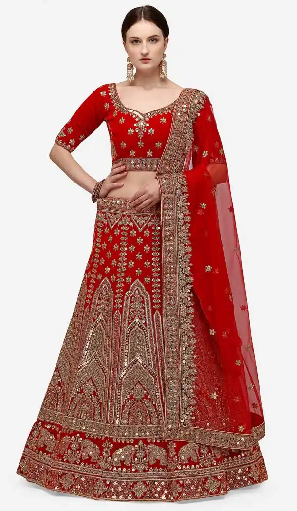 Adorable Red Color Velvet Designer Wedding Wear Women Lehenga Choli -2973143495