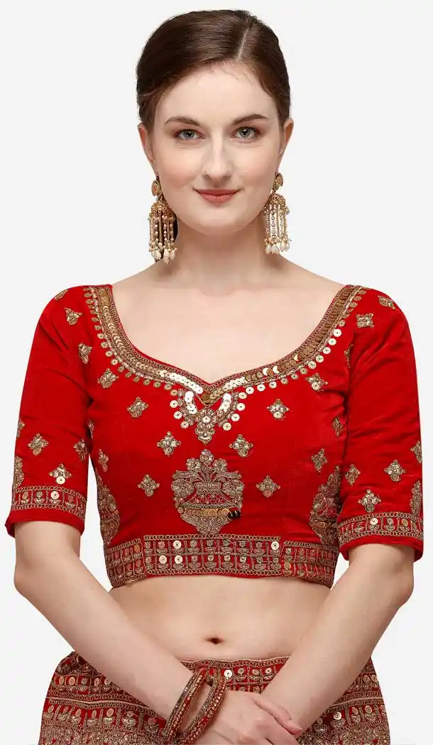 Charming Red Color Velvet Designer Wedding Wear Women Lehenga Choli -2973143496
