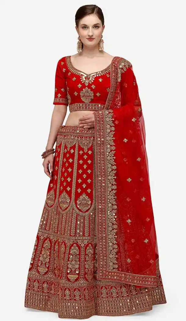 Charming Red Color Velvet Designer Wedding Wear Women Lehenga Choli -2973143496