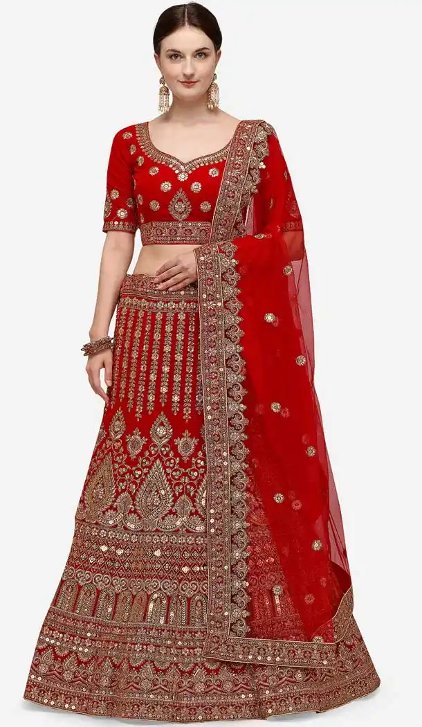 Mesmerizing Red Color Velvet Designer Wedding Wear Women Lehenga Choli -2973143497