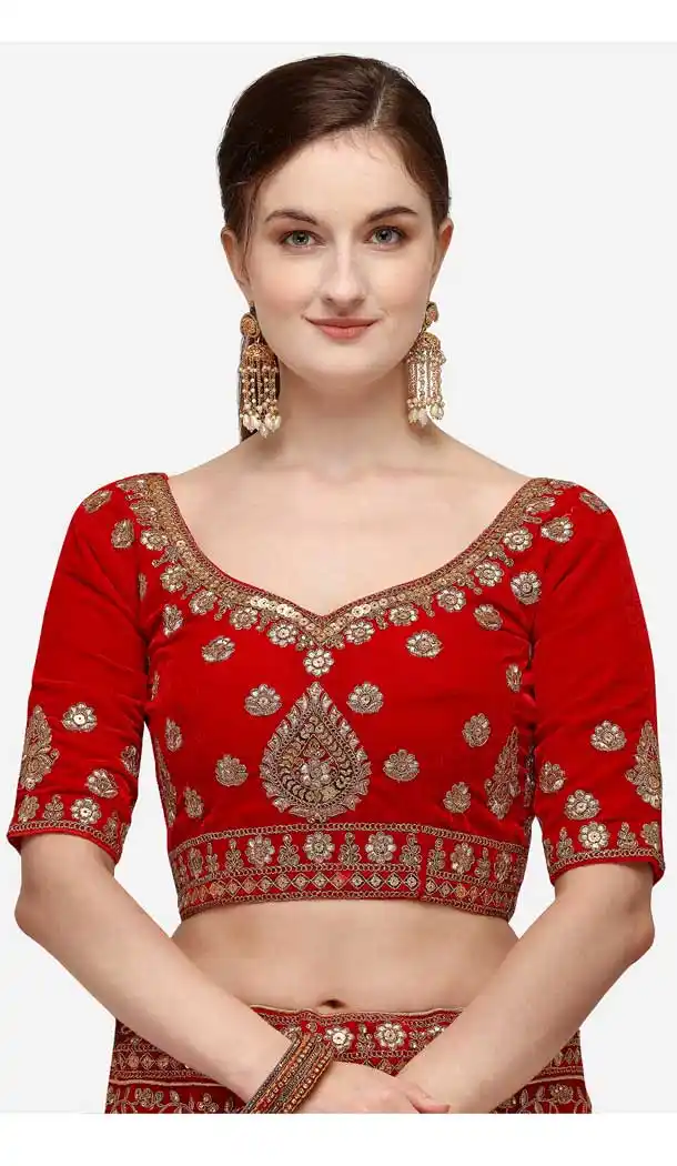 Beutiful Red Color Velvet Designer Wedding Wear Women Lehenga Choli -2973143498