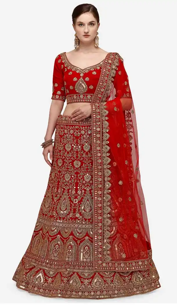 Beutiful Red Color Velvet Designer Wedding Wear Women Lehenga Choli -2973143498
