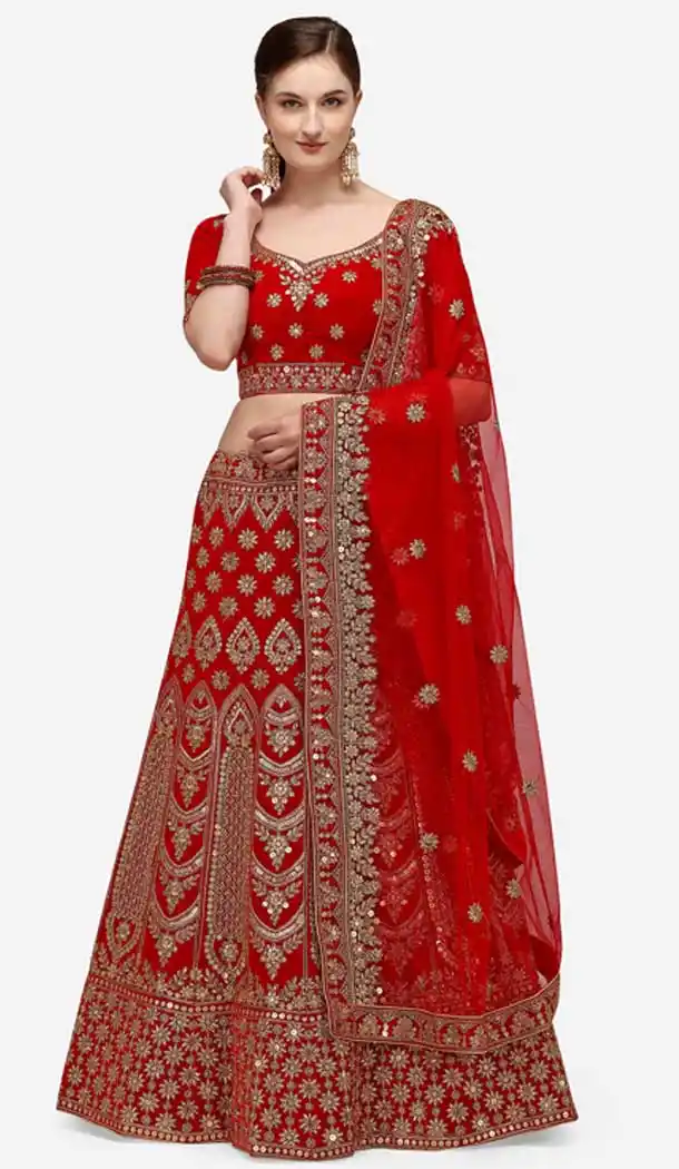 Elegance Red Color Velvet Designer Wedding Wear Women Lehenga Choli -2973143499