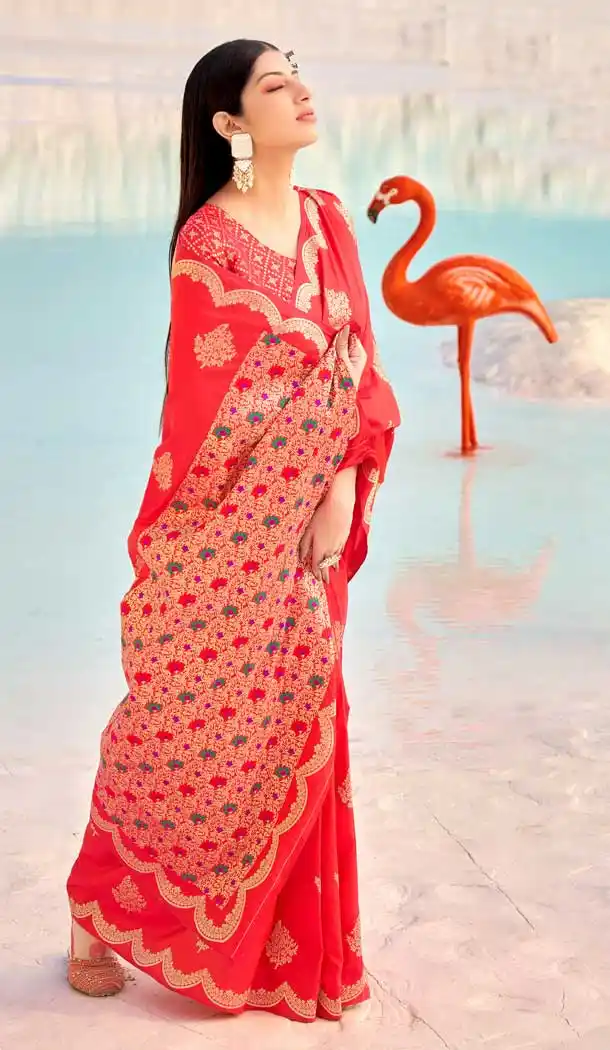 Reddish Orange Color Banarasi Soft Silk Classic Traditional Party Wear Saree -2976143518