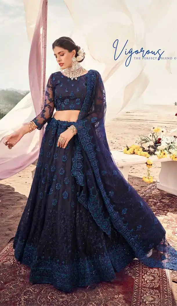 Navy Blue Color Soft Net Designer Wedding Mehendi Wear Lehenga Choli -2981143567