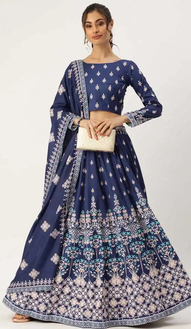 Navy Blue Color Vaishali Silk Printed Traditional Wear Lehenga Choli -2983143572