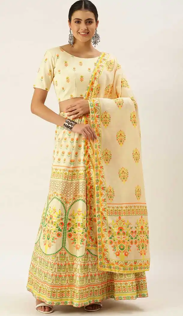Off White Color Vaishali Silk Printed Party Wear Lehenga Choli -2984143584