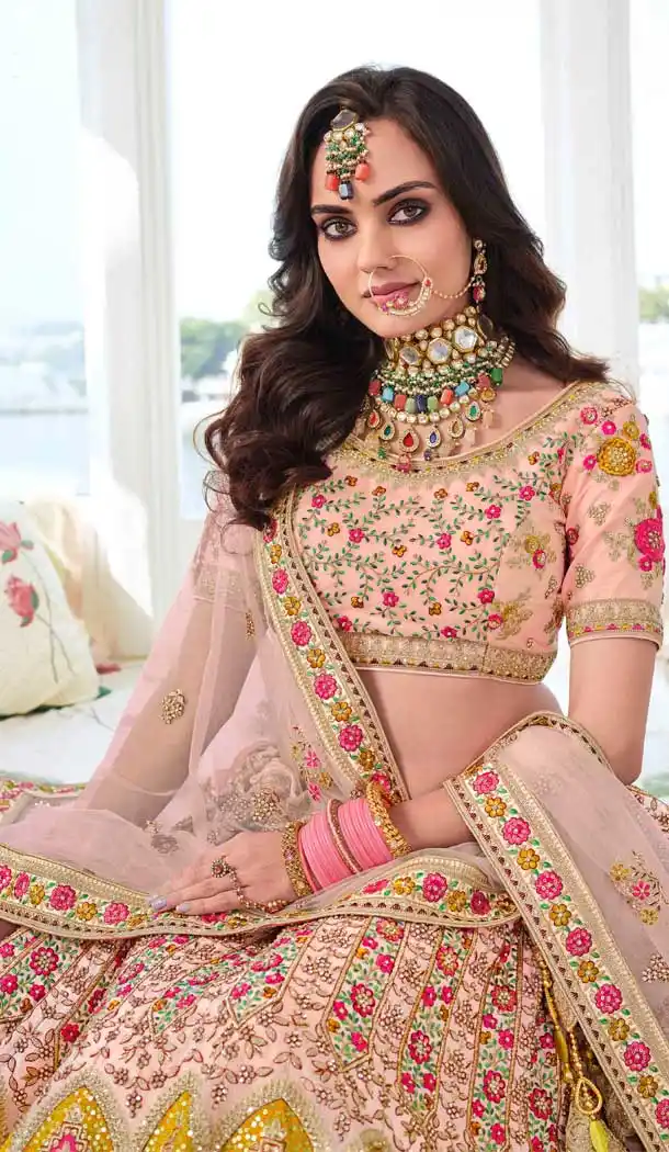 Peach Color Fancy Heavy Embroidery Bridal Wedding Wear Lehenga Choli -3032144050