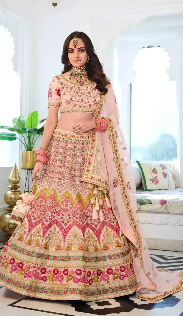 Peach Color Fancy Heavy Embroidery Bridal Wedding Wear Lehenga Choli -3032144050