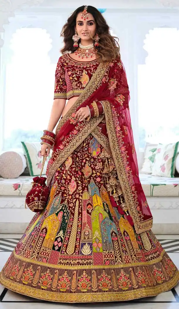 Maroon Color Fancy Heavy Embroidery Bridal Wedding Wear Lehenga Choli -3032144051