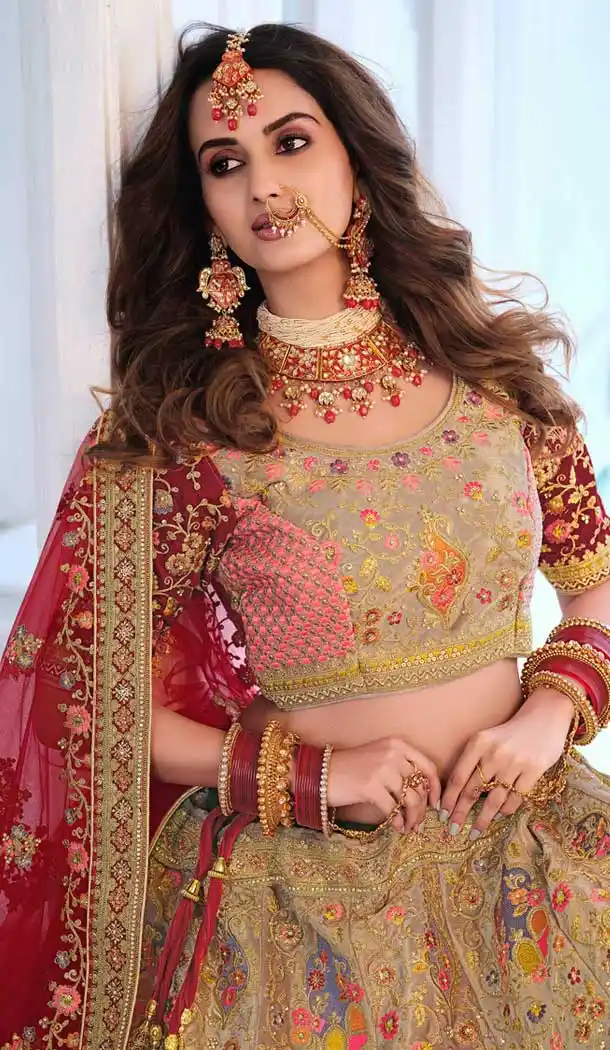 Ravishing Beige Color Fancy Heavy Embroidery Bridal Wedding Wear Lehenga Choli -3032144052