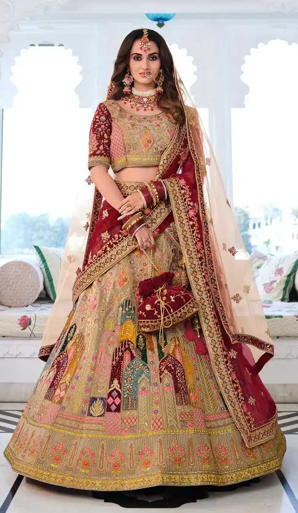 Ravishing Beige Color Fancy Heavy Embroidery Bridal Wedding Wear Lehenga Choli -3032144052
