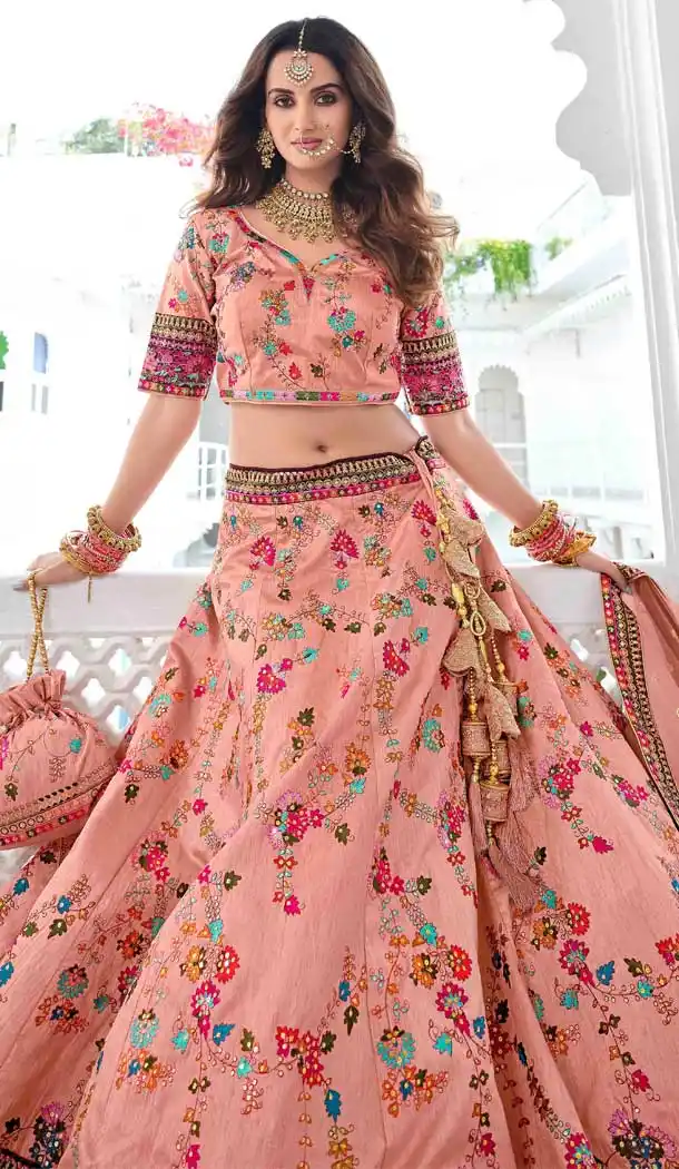 Ethnic Peach Color Fancy Heavy Embroidery Bridal Wedding Wear Lehenga Choli -3032144054