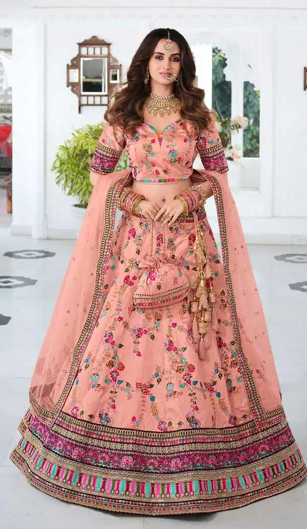 Ethnic Peach Color Fancy Heavy Embroidery Bridal Wedding Wear Lehenga Choli -3032144054