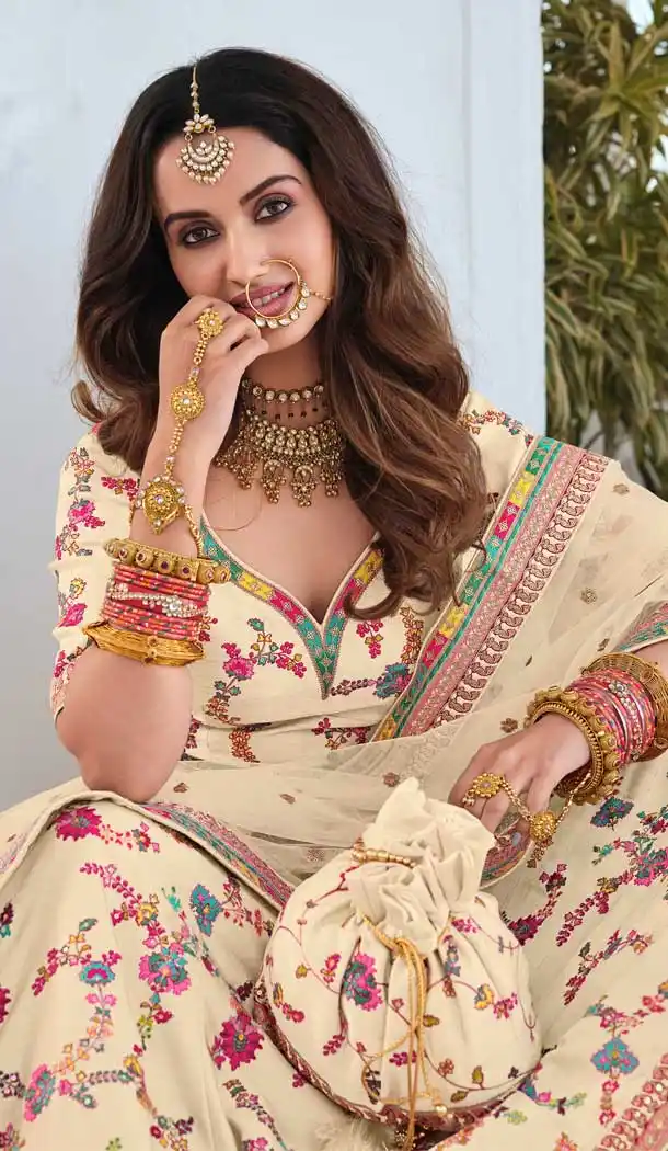 Cream Color Fancy Heavy Embroidery Bridal Wedding Wear Lehenga Choli -3032144055