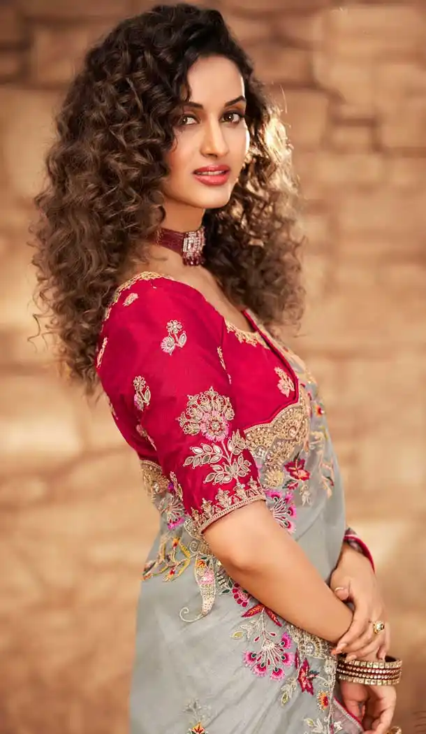Grey Color Net Organza Designer Bridal Wedding Wear Saree Blouse -3018143941