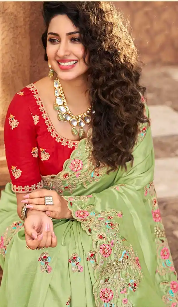 Vivacious Pista Color Net Organza Designer Bridal Wedding Wear Saree Blouse -3018143942