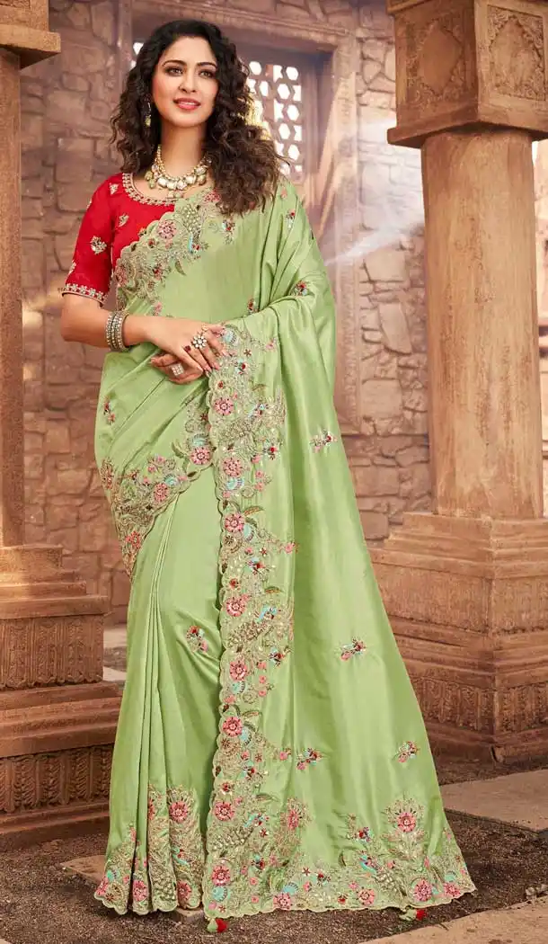Vivacious Pista Color Net Organza Designer Bridal Wedding Wear Saree Blouse -3018143942