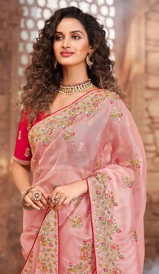 Rose Pink Color Net Organza Designer Bridal Wedding Wear Saree Blouse -3018143943