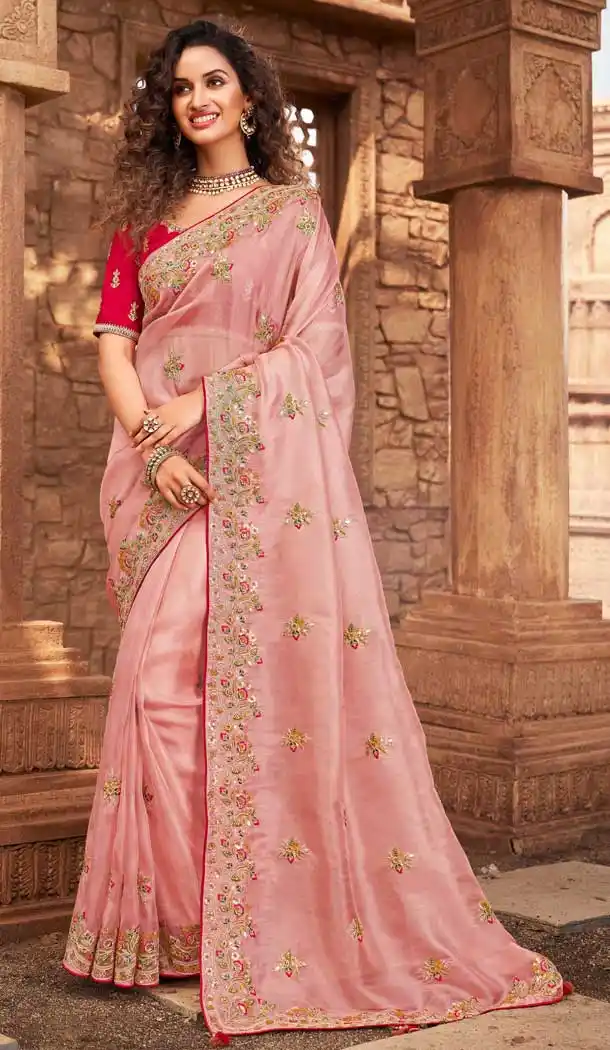 Rose Pink Color Net Organza Designer Bridal Wedding Wear Saree Blouse -3018143943