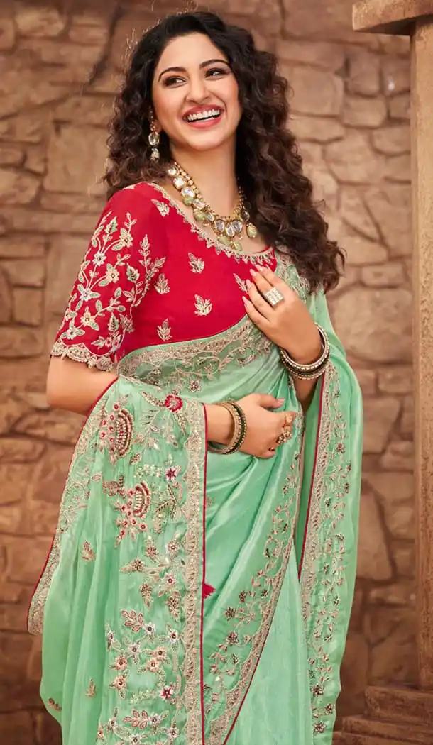 Mint Green Color Net Organza Designer Bridal Wedding Wear Saree Blouse -3018143944