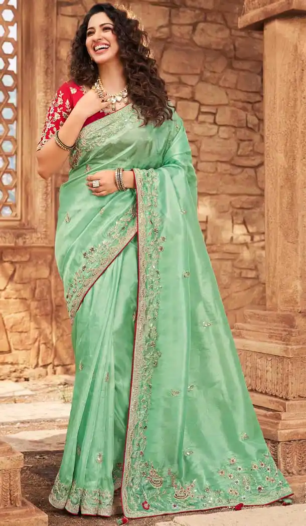 Mint Green Color Net Organza Designer Bridal Wedding Wear Saree Blouse -3018143944