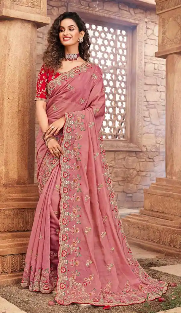 Chic Rust Color Net Organza Designer Bridal Wedding Wear Saree Blouse -3018143945