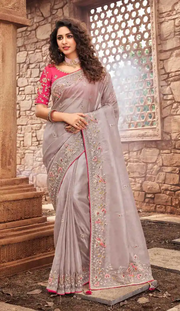 Charming Grey Color Net Organza Designer Bridal Wedding Wear Saree Blouse -3018143946