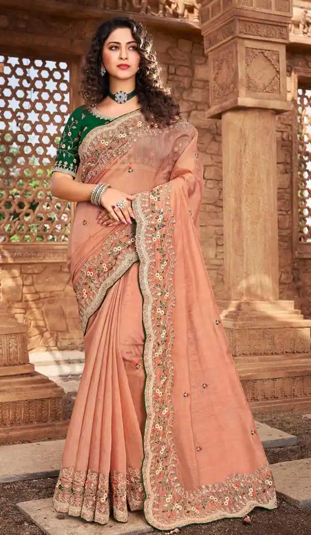 Lovely Brown Color Net Organza Designer Bridal Wedding Wear Saree Blouse -3018143947