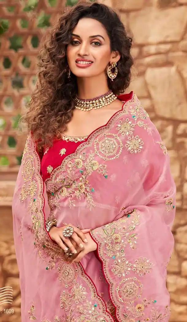 Adorable Pink Color Net Organza Designer Bridal Wedding Wear Saree -3018143949