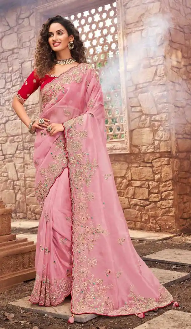 Adorable Pink Color Net Organza Designer Bridal Wedding Wear Saree -3018143949