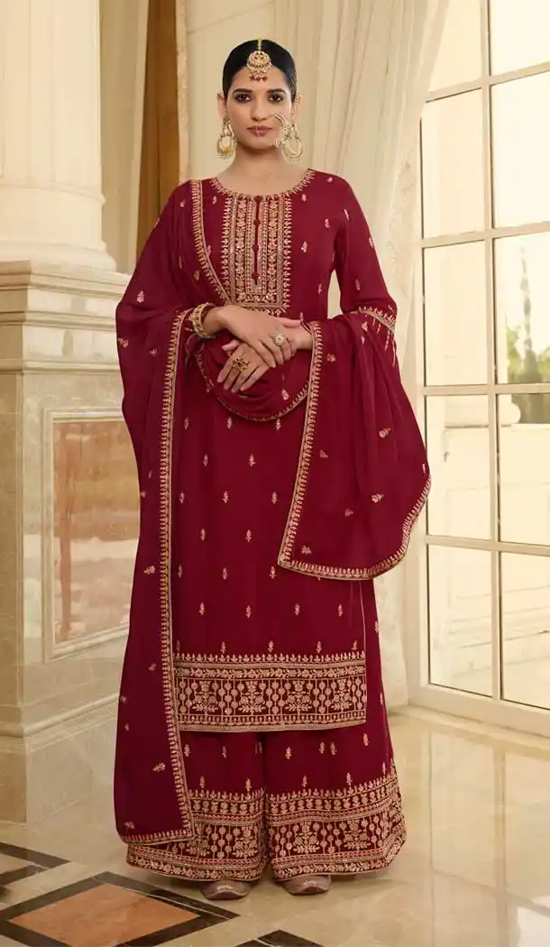 Maroon Color Pure Chinon Pakistani Style Designer Palazzo Suit -3039144090