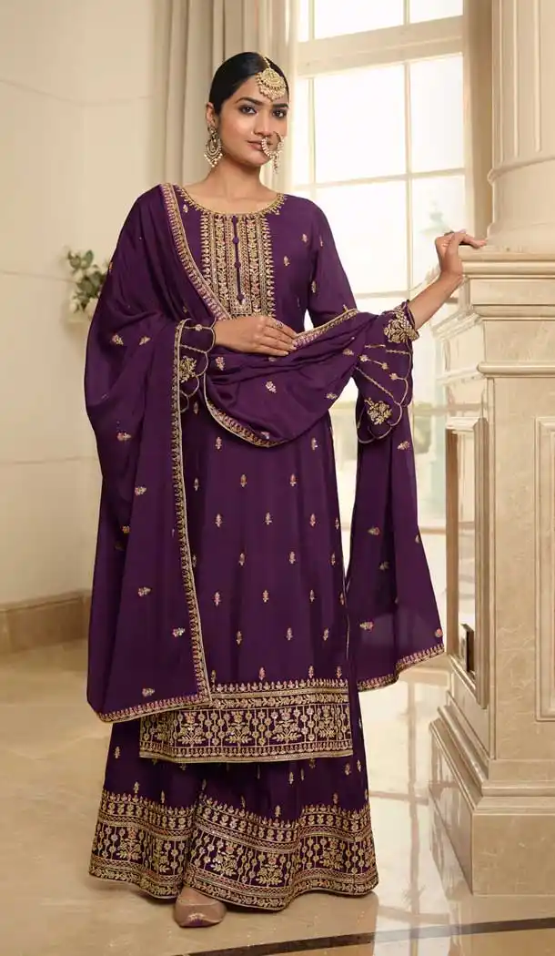 Purple Color Pure Chinon Pakistani Style Designer Palazzo Suit -3039144092