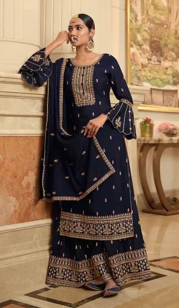 Navy Blue Color Pure Chinon Pakistani Style Designer Palazzo Suit -3039144093