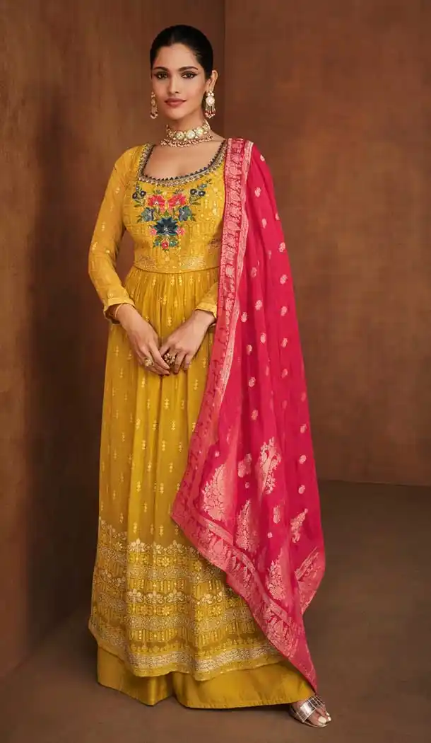 Yellow Color Real Georgette Designer Pakistani Style Palazzo Suit -3040144094