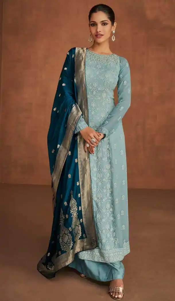 Sky Blue Color Real Georgette Designer Pakistani Style Palazzo Suit -3040144095