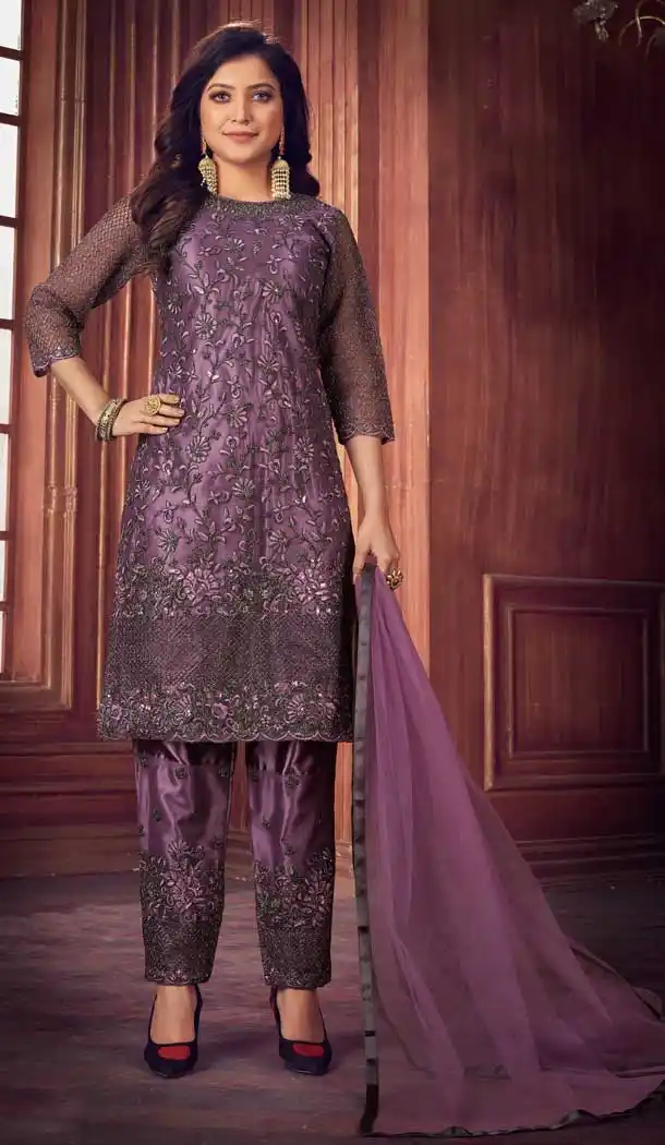 Wine Color Heavy Net Party Wear Pakistani Salwar Kameez -3019143950