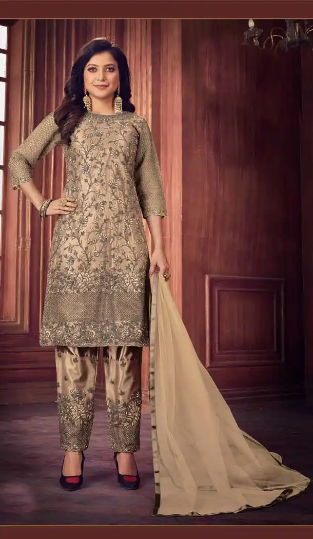 Light Brown Color Heavy Net Party Wear Pakistani Salwar Kameez -3019143951
