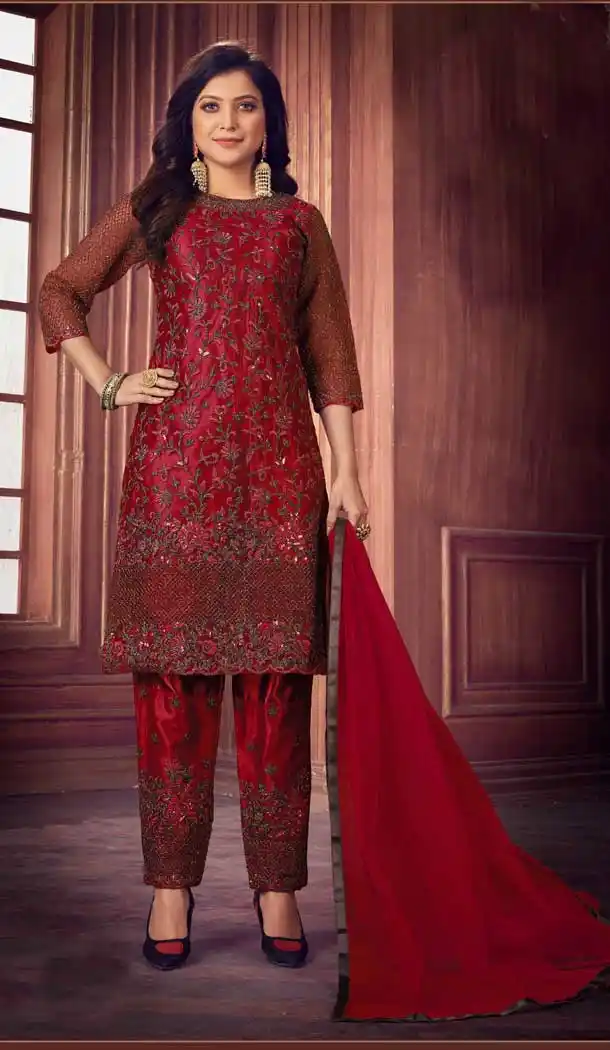 Dark Red Color Heavy Net Party Wear Pakistani Salwar Kameez -3019143953