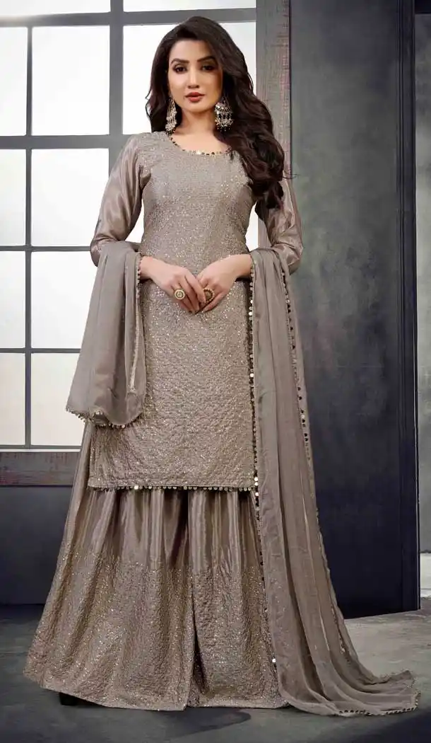 Grey Color Heavy Cinnon Party Wear Pakistani Palazzo Salwar Kameez -3020143954