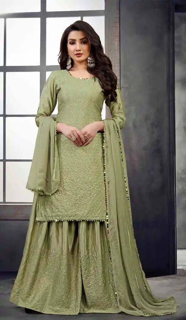 Green Color Heavy Cinnon Party Wear Pakistani Palazzo Salwar Kameez -3020143957