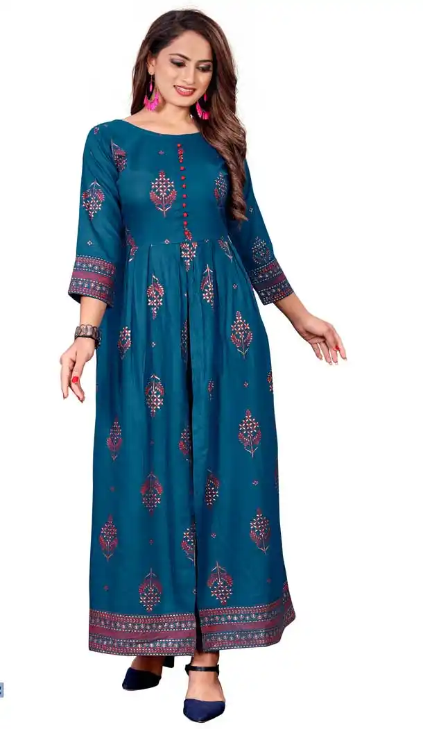 Teal Blue Color Pure Rayon Trendy Designer Readymade A-Line Gown -3041144099