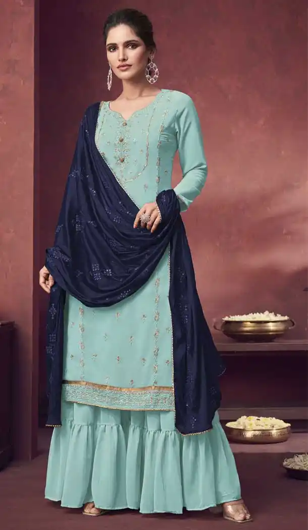 Sky Blue Color Fox Georgette Embroidery Party Wear Sharara Suit -3071144320